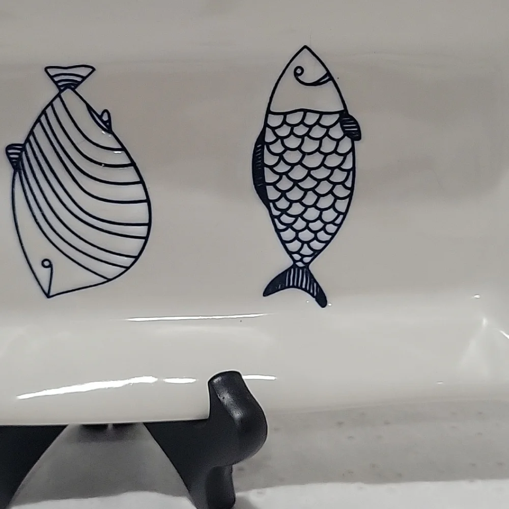 Pier 1 blue and white stonewear with various fish designs Hors d Deuvres